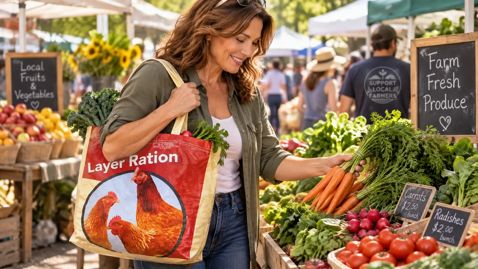 A reusable shopping bag sewn from a layer ration feed sack, carried at a farmers market
