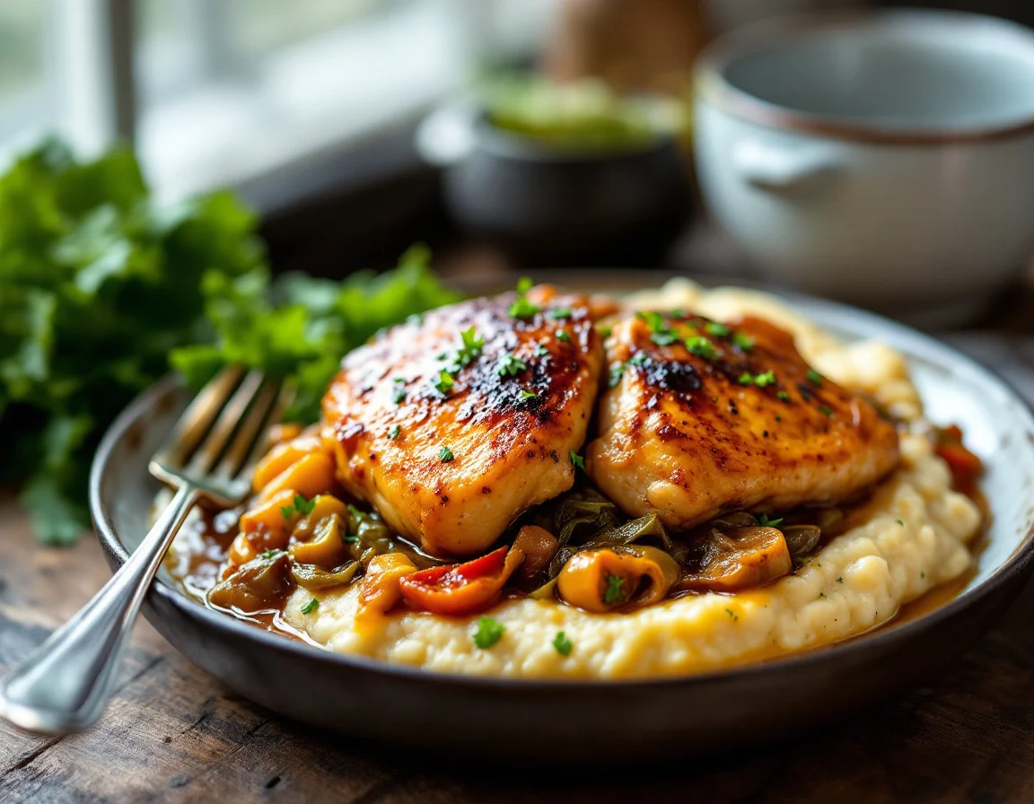 Cast Iron Chicken and Swamp Cabbage with Stone-Ground Grits