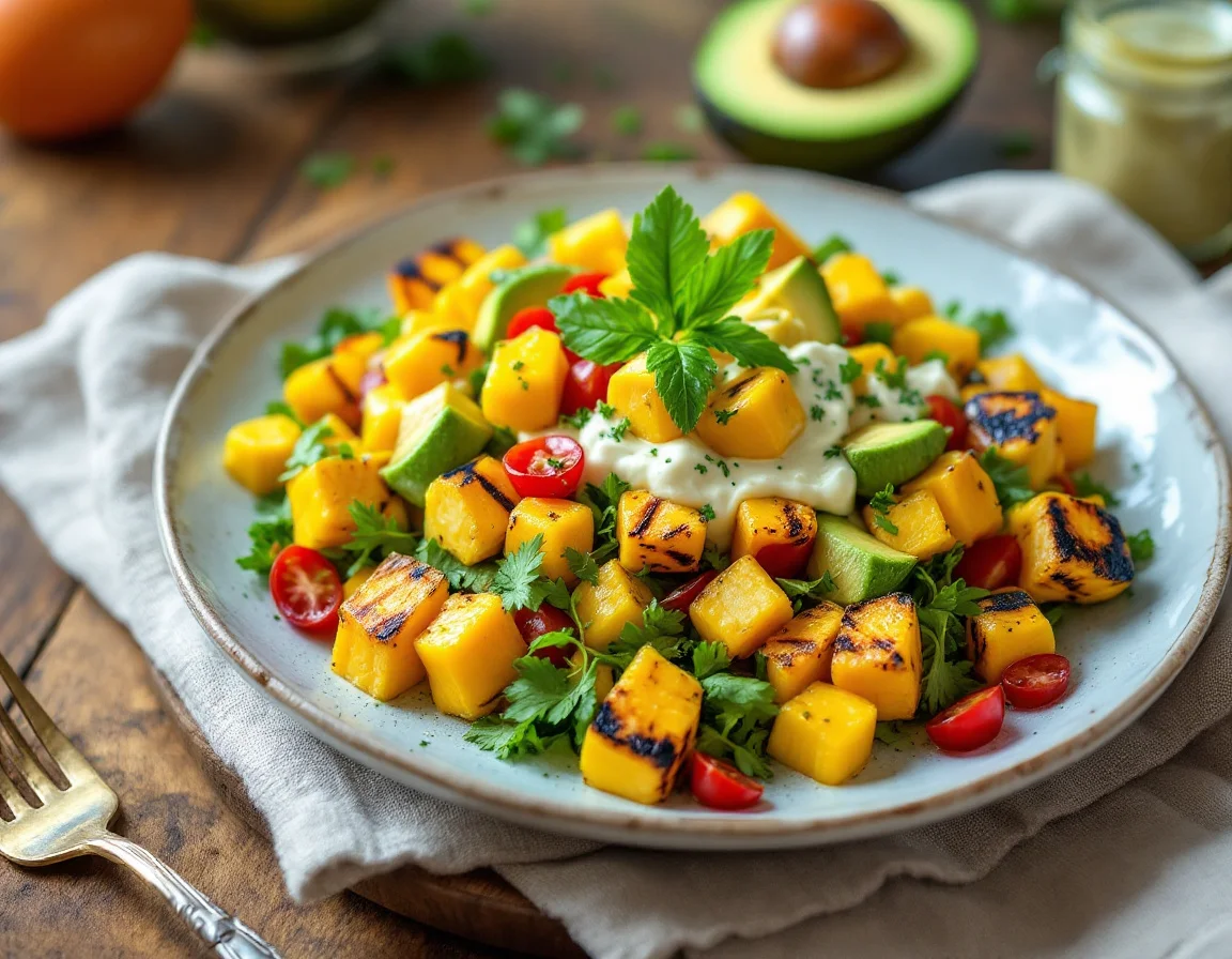 Charred Florida Sweet Corn Salad with Mango, Avocado, and Culantro-Lime Dressing