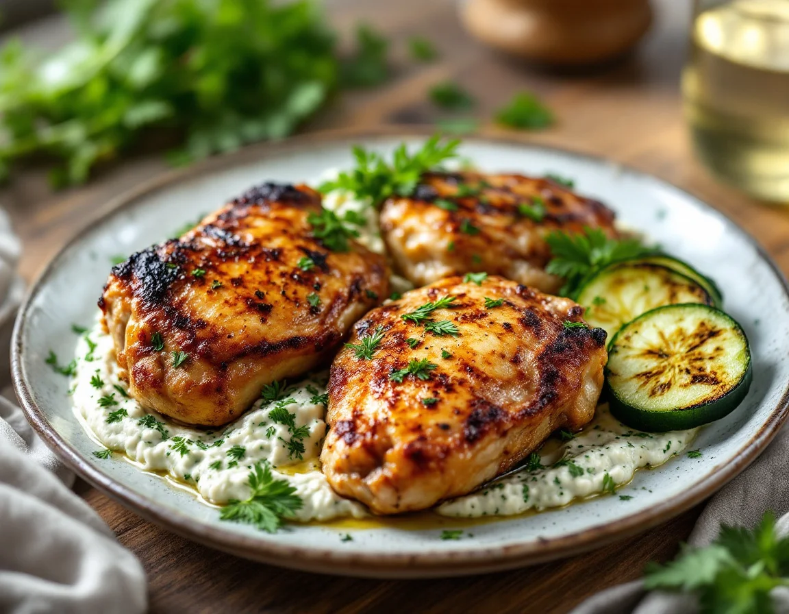 Crispy Chicken Thighs with Charred Cucumber and Herb Labneh