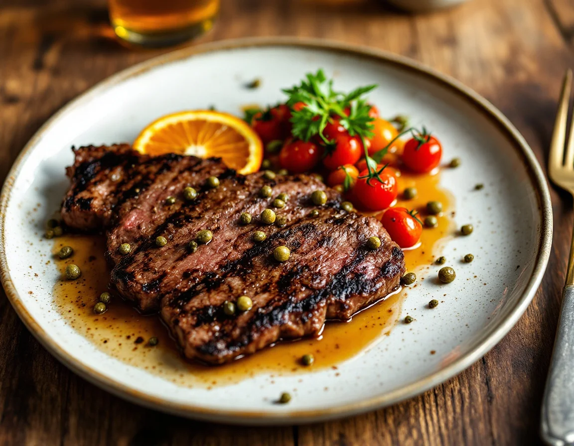 Palomilla Skirt Steak with Sour Orange, Charred Tomatoes, and Crispy Capers