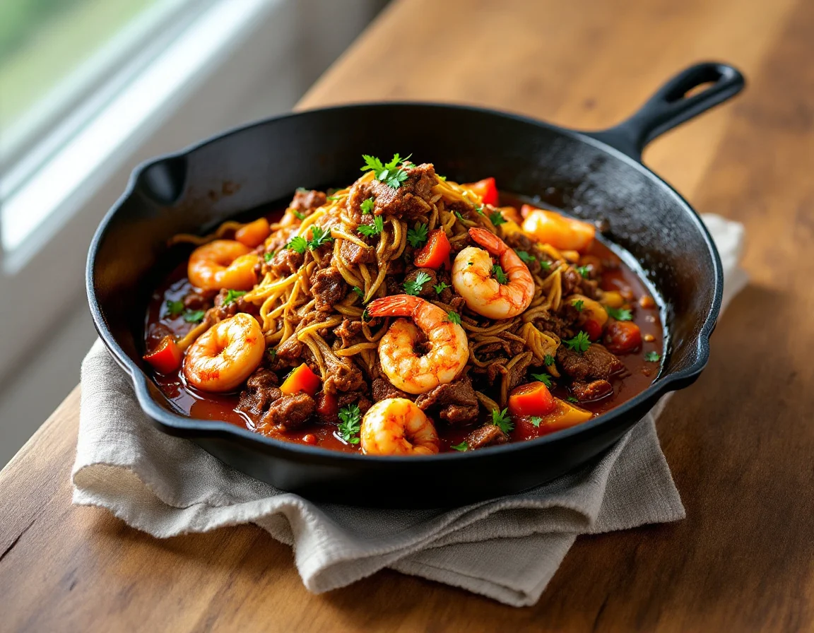 Ropa Vieja with Florida Rock Shrimp and Roasted Peppers