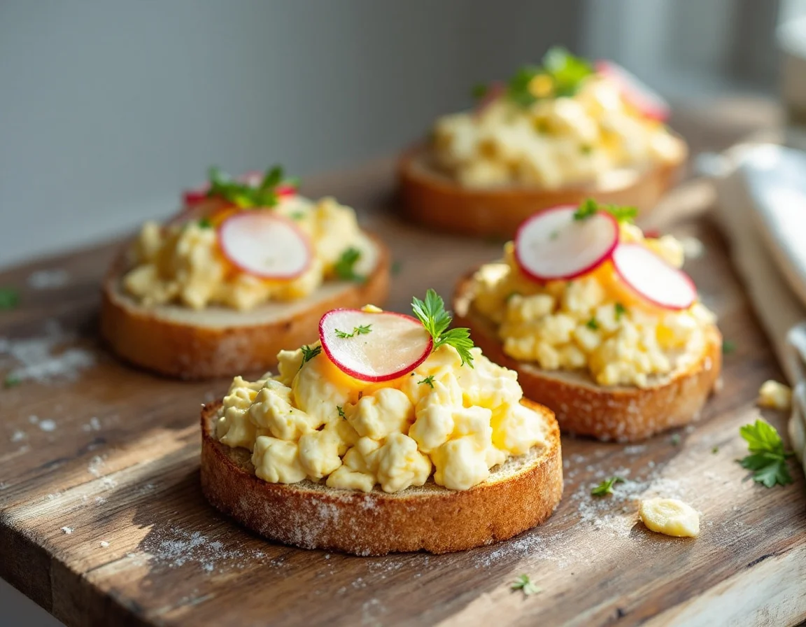Whipped Egg Salad Tartines with Tajin Butter and Pickled Radish